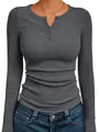 Detail view of grey ribbed long sleeve henley top with button neckline texture - S / Tops / Dark Gray