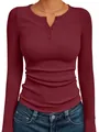 Close-up of maroon ribbed knit long sleeve top with button-down Henley neckline - S / Tops / Burgundy