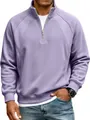Close-up detail of men's lavender half-zip raglan sleeve sweatshirt with stand collar - Purple