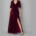 Elegant burgundy velvet maxi dress featuring a V-neckline and a stylish high side slit detail - S / Red