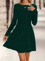 Elegant dark green velvet mini dress with shiny rhinestone polka dots and long sleeves design. - S / Tops / Dark Green
