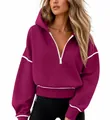 Fashionable women's maroon half-zip cropped hoodie sweatshirt with white piping - Rose Red