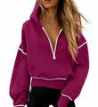 Fashionable women's maroon half-zip cropped hoodie sweatshirt with white piping - Rose Red