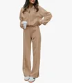 Women's two-piece khaki tracksuit featuring white piping and zip-up collar details. - S / Top And Bottom / Khaki