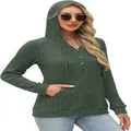 Pull à capuche décontracté en maille côtelée vert foncé avec col en V boutonné - Vert