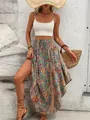 Bohemian ethnic print maxi skirt paired with a straw hat for a summer holiday look - S / Bottoms / Mixed Colors