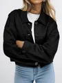 Elegant black faux suede short jacket for women, casual autumn fashion outerwear - Black