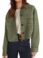 Stylish women's olive green faux suede cropped jacket with large pockets and buttons - S / Tops / Green