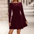 Retro burgundy velvet mini dress featuring sparkling rhinestones and long sleeves - S / Tops / Burgundy