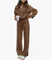 Full view of brown women's two-piece tracksuit with stylish white piping detail - S / Top And Bottom / Coffee