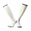 Detailed view of white athletic over-the-knee soccer socks with reinforced grey heels - Kids White Black / One Size