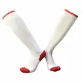 White knee-high football socks with red toe and heel accents in an X-shaped display - Kids White Red / One Size