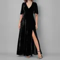 Elegant black velvet V-neck evening gown with a high slit and stylish half sleeves. - S / Black