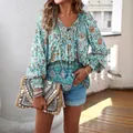 Bohemian floral print V-neck tie long sleeve blouse for women vacation resort style - S / Tops / Blue