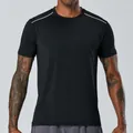 Close-up of black quick-dry men's sports t-shirt featuring reflective shoulder strips - M / Tops / Black