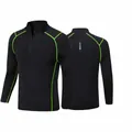 Front and back view of men's black thermal quick-dry compression shirt with bright green seams - S / Tops / Black/Green