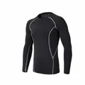 Long-sleeve black compression fitness top with grey lines, non-fleece fabric. - S / Top (300#) / Unlined / Black and Gray