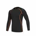 Men's black compression long sleeve shirt with orange stitching for sports training. - S / Tops / Unlined / Black Orange Floral