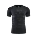 Macro detail of men's compression sports t-shirt featuring a dark camouflage pattern - M / Tops / Black