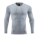 Detailed front view of light grey men's long-sleeve compression fitness shirt for training - S / Tops / Light Gray