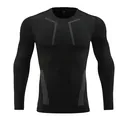 Front view of black long-sleeve compression shirt with gray linear graphic patterns - S / Tops / Black
