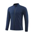 Detailed front view of a navy blue men's standing collar sports jacket with full zipper - M / Tops / Sapphire Blue