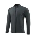 Front view of men's dark grey sports jacket with stand collar and zipper pocket detail - M / Tops / Gray