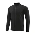 Front view of black long-sleeve sports jacket with stand collar and zipper detail. - M / Tops / Black