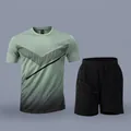 Detail view of grass green quick-dry sports t-shirt and black shorts set - M / Top And Bottom / Grass Green