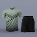 Detail view of grass green quick-dry sports t-shirt and black shorts set - M / Top And Bottom / Grass Green