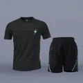 Men's quick-dry black sports performance t-shirt and shorts set with lightning bolt logo - M / Top And Bottom / Black