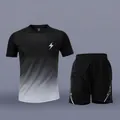 Detail of men's quick-dry sports set with black-white gradient and lightning logo - M / Top And Bottom / Black and Gray