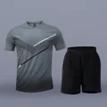 Detailed look at the grey and black breathable quick-dry sports set for men's fitness training - M / Top And Bottom / Gray
