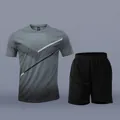 Detailed look at the grey and black breathable quick-dry sports set for men's fitness training - M / Top And Bottom / Gray
