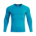 Detailed view of bright blue compression shirt showing ergonomic seams and stretch fabric - Cyan Green