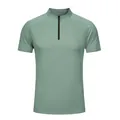 Detail of sage green men's quick-dry sports T-shirt with half-zipper design - S / Tops / Orostachys Green