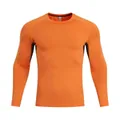 Front view of men's long-sleeve orange compression shirt with black side panels - M / Tops / Orange