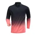Detail view of men's half-zip long sleeve athletic shirt featuring a gradient color design - M / Tops / Black/Orange