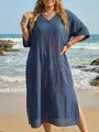 Navy blue loose V-neck beach cover-up maxi dress with side slits and crinkle texture - One Size / Tops / Navy Blue