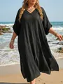 Black plus-size V-neck beach cover-up maxi dress with side slits and textured fabric - One Size / Tops / Black