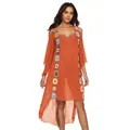 Vista frontal de vestido playero de ganchillo naranja con hombros descubiertos y bajo irregular - 2XL / Tops / Naranja