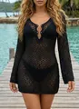 Black long sleeve crochet beach cover-up with hollow-out design and metal bar detail - S / Top And Bottom / Black