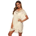 Vooraanzicht van een elegante crème gehaakte bikini cover-up strandjurk voor - Eén maat / Boven- En Onderstuk / Abrikoos