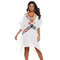 Detail view of beach bikini cover-up with colorful crochet flower patchwork and V-neck - One Size / Bottoms / White