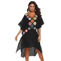 Full front view of a sexy black beach bikini cover-up featuring colorful crochet patchwork - One Size / Bottoms / Black