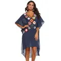 Navy blue sexy V-neck beach cover-up with colorful crochet patchwork and irregular hem - One Size / Bottoms / Navy Blue