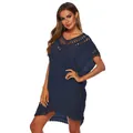Vista detallada del vestido de playa azul marino con cuello en V y ganchillo calado - Talla única / Top Y Pantalón / Azul Marino