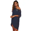 Detailed view of navy blue crochet beach cover-up dress with intricate hollow-out lace patterns - One Size / Dresses / Navy Blue