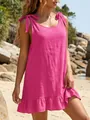 Detail of fuchsia beach cover-up with adjustable shoulder bows and ruffle hem. - One Size / Tops / Rose Red