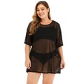Sexy plus size black sheer mesh beach cover up dress for women's summer swimwear - 1XL / Top And Bottom / Black